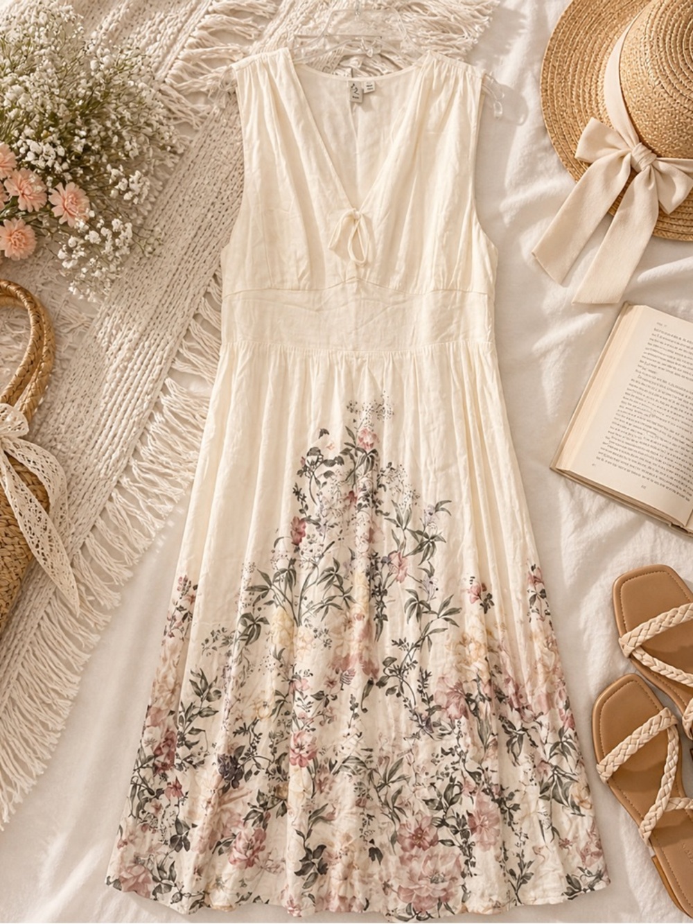 Joie Linen Blend Midi Dress L Ivory Floral Coastal Resort Summer Linen Blend